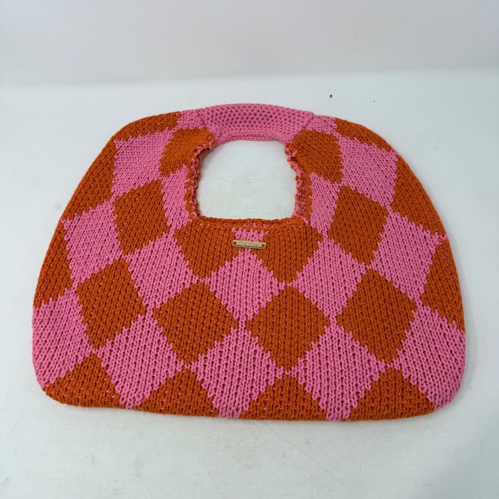 Kopari Pink Orange Checkered Knit Tote‎ Bag Harlequin Pattern Top Handle Bag